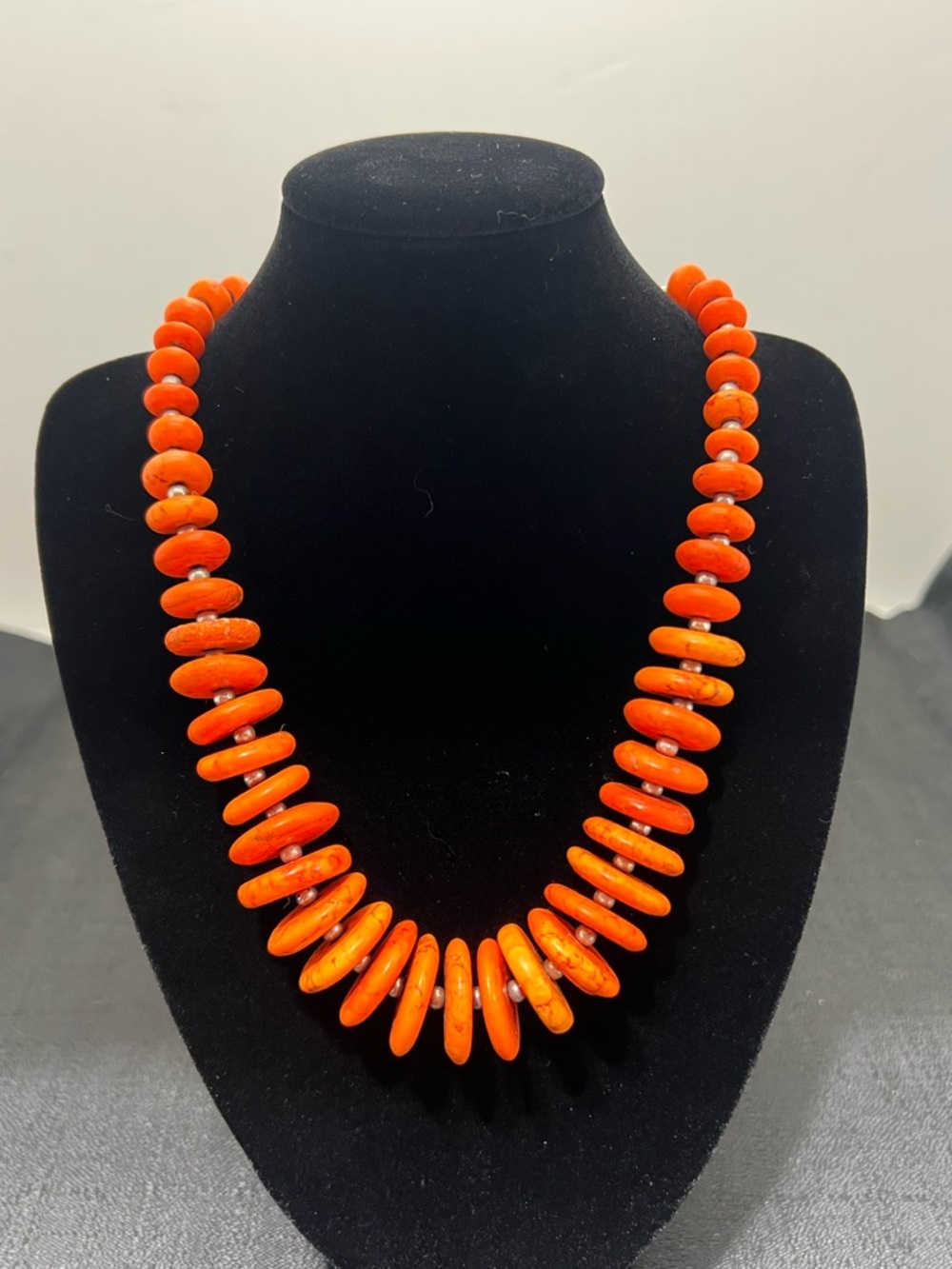 Orange Graduated Stone Round Button Bead Necklace with Silver Accents